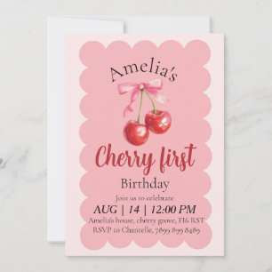 Girls Cherry First Birthday invitation 