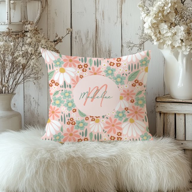 Girls Chic Pink Daisy Wildflower Floral Cushion (Creator Uploaded)
