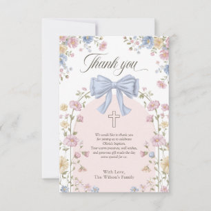 Girl's Christan Baptism Pastel Bow Floral Thank You Card