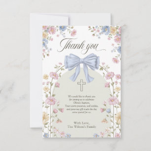 Girl's Christan Baptism Pastel Bow Floral Thank You Card