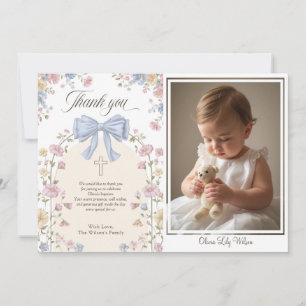 Girl's Christan Baptism Pastel Bow Floral Thank You Card