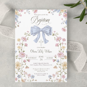 Girl's Christan Baptism Pastel Bow Wildflower Invitation
