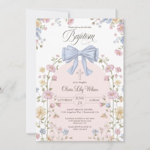 Girl's Christan Baptism Pastel Bow Wildflower Invitation