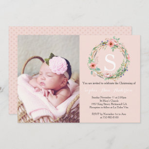 Girls Christening Invitation - Pink Wreath