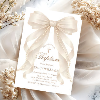 Girl's Christian Baptism Pearl Bow Invitation
