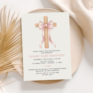 Girl's Christian Baptism Pink Bow Invitation