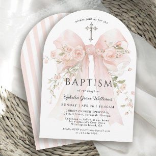 Girl's Christian Baptism Pink Floral Bow Invitation