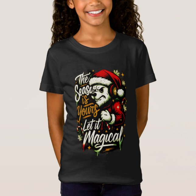 Girls' Christmas Bear DJ Edgy Holiday Magic Tee  (Front)
