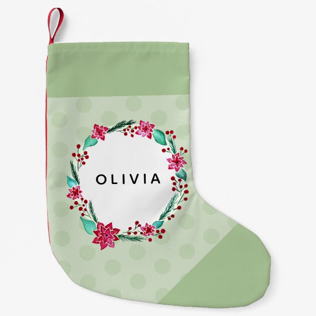 Girls Christmas Cute Flower Wreath & Name Kids Small Christmas Stocking (Front)