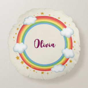 Girls'   Circle Rainbow Name Frame Round Cushion