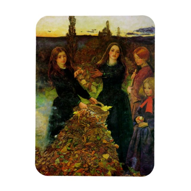 Girls Collecting Autumn Leaves for a Bonfire Magnet (Vertical)