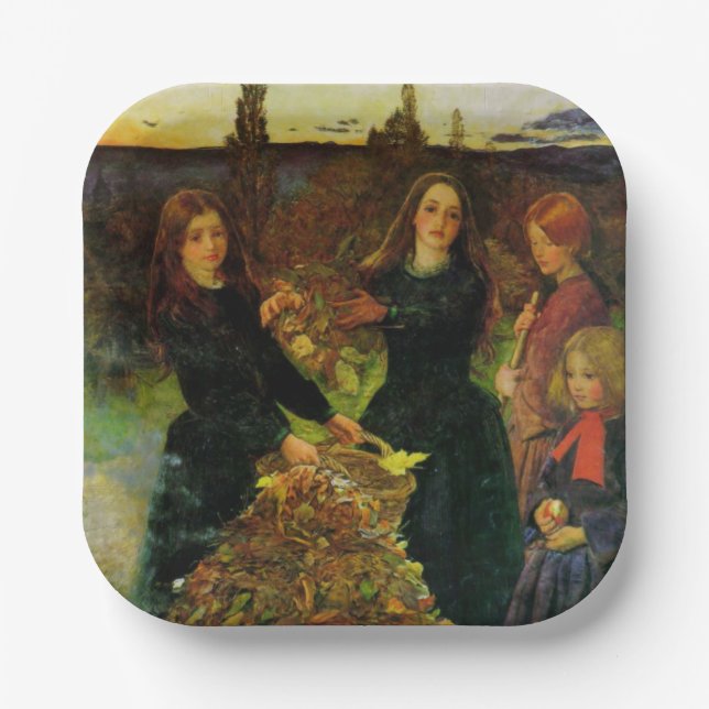 Girls Collecting Autumn Leaves for a Bonfire Paper Plate (Front)