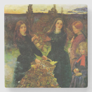 Girls Collecting Autumn Leaves for a Bonfire Stone Coaster