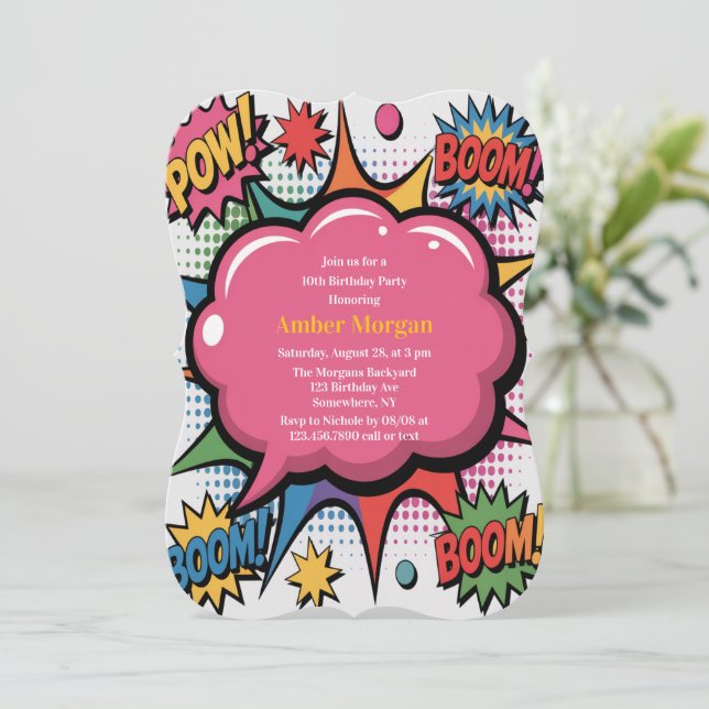 Girls’ Colorful Pop Art Birthday Party White Invitation (Standing Front)