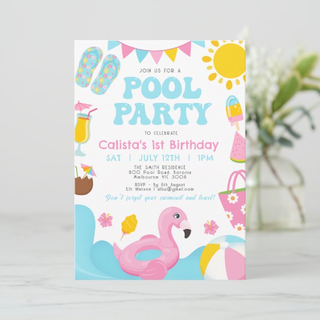 Girls Colorful Summer Pool Party Birthday    Invitation (Standing Front)