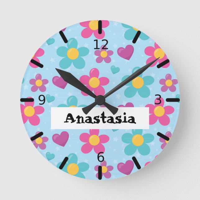Girls Colourful Floral Round Clock (Front)