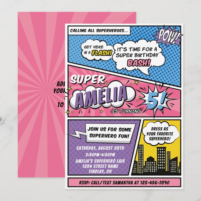 Girls Comic Book Style Superhero Birthday Party Invitation (Front/Back)