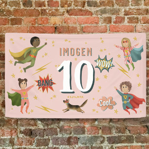 Girls Cool Pink Action Superhero Kids Birthday Banner