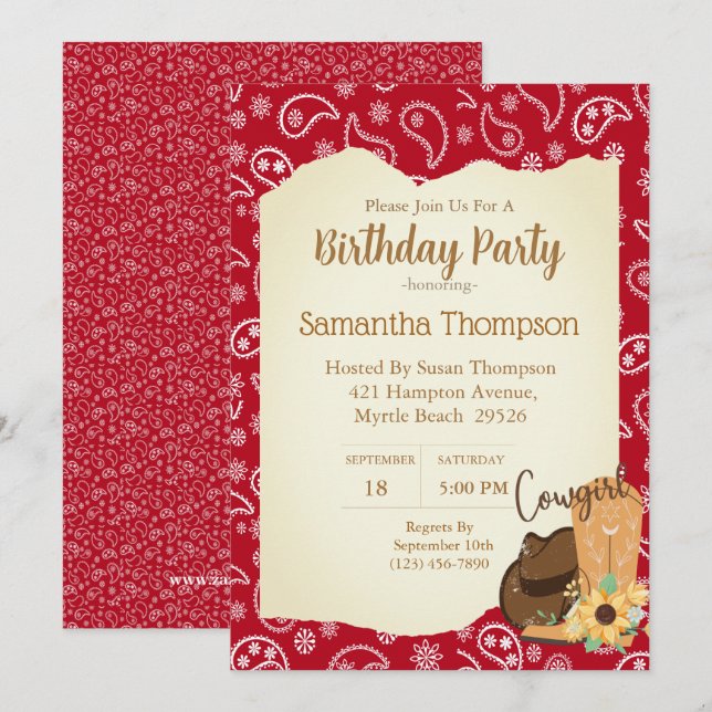Girls Cowboy Birthday Red Bandanna Sunflower    Invitation (Front/Back)