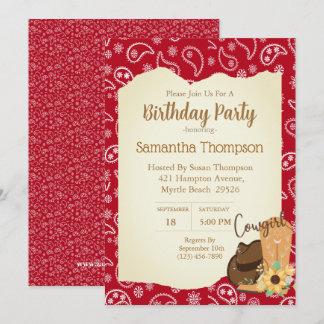 Girls Cowboy Birthday Red Bandanna Sunflower Invitation