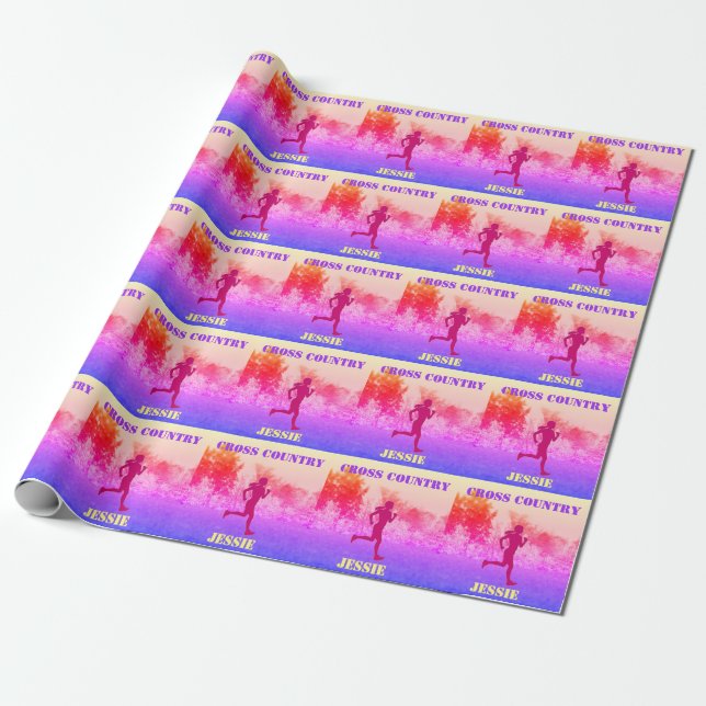 Girls Cross Country Running Rainbow  Wrapping Paper (Unrolled)
