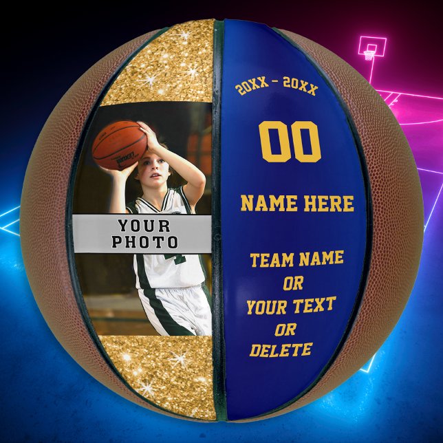 Girls Custom Printed Basketballs Your Photo, Text (Personalized Basketballs, Gifts for Basketball Seniors, Girls. Photo Basketball, Blue and Gold.)