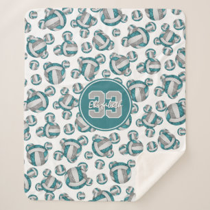 girls custom teal grey white volleyballs pattern sherpa blanket