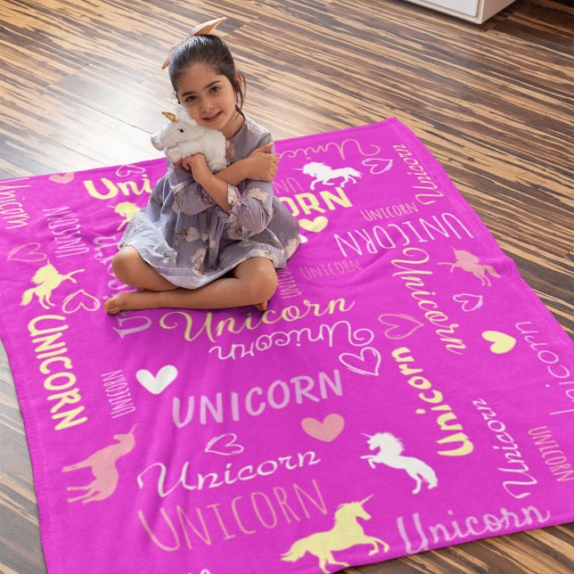 Girls Customisable Magical Unicorn Pink Yellow  Fleece Blanket (Creator Uploaded)