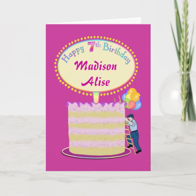 Girls Cute 7th Birthday - Personalise It Card (Front)
