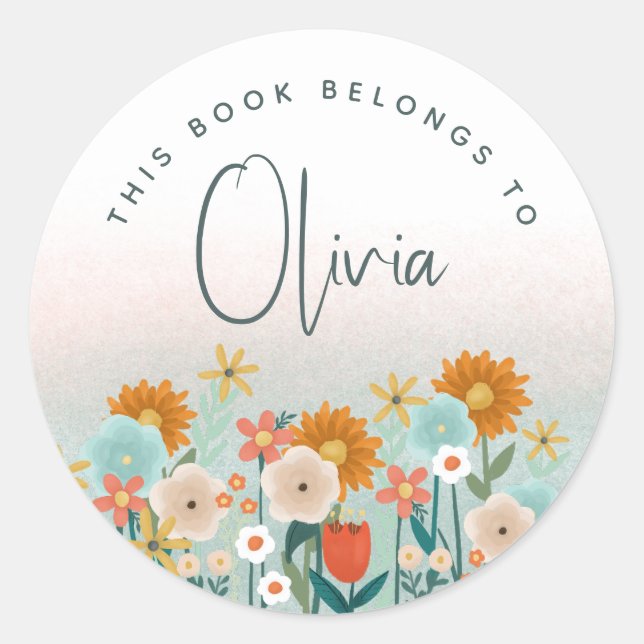 Girls Cute and Elegant Kids Floral Bookplate Classic Round Sticker (Front)