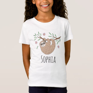 Girls Cute and Modern Floral Sloth Animal and Name T-Shirt