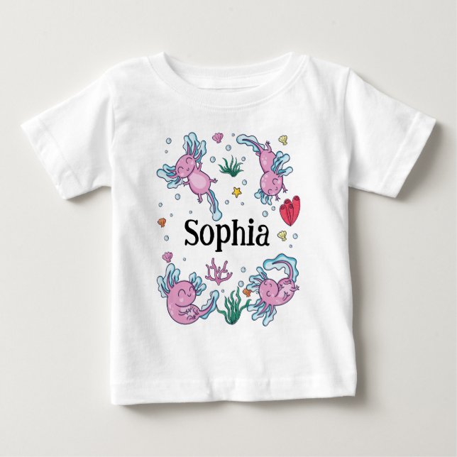 Girls Cute and Modern Pink Axolotl and Name Kids Baby T-Shirt (Front)