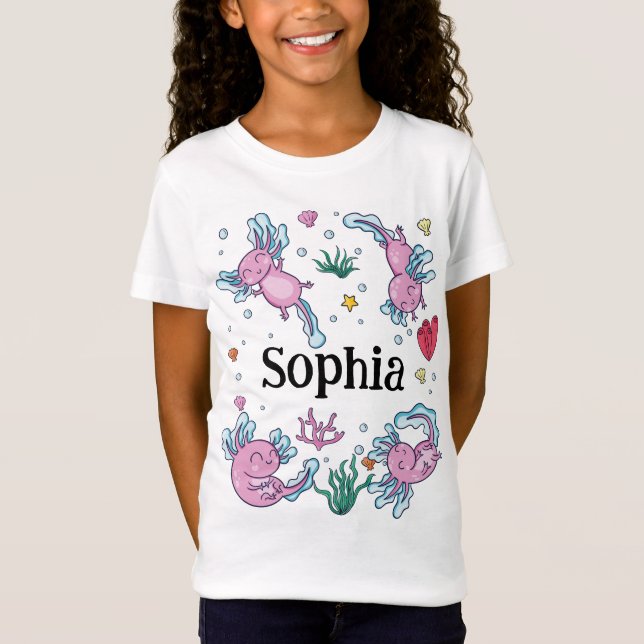 Girls Cute and Modern Pink Axolotl and Name Kids T-Shirt (Front)