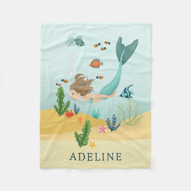 Girls Cute and Whimsical Magical Mermaid Sea Kids Fleece Blanket (Front)