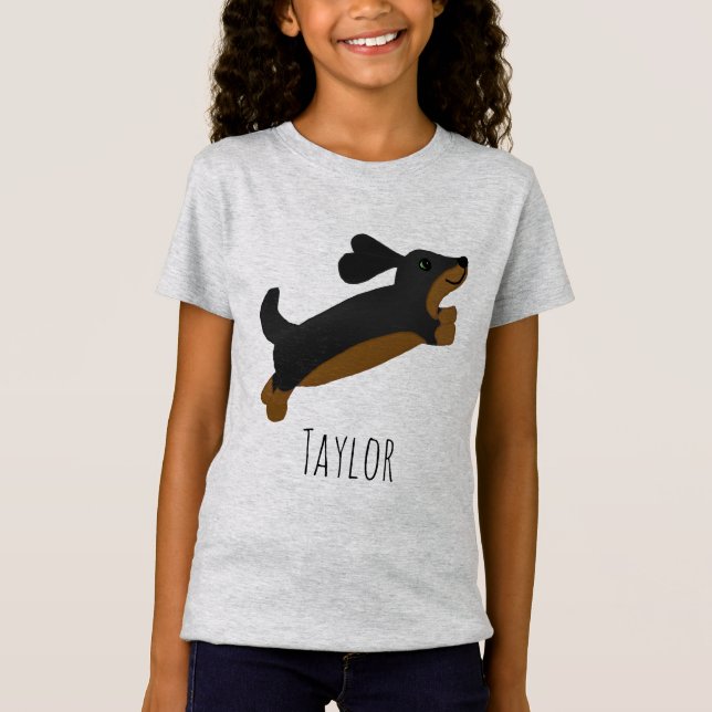 Girls Cute Black Dachshund Dog Cartoon & Name Kids T-Shirt (Front)