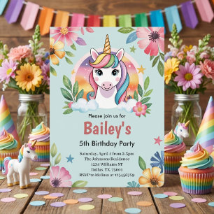 Girls Cute Blue Unicorn Kids Birthday Invitation