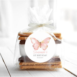 Girls Cute Blush Pink Butterfly 1st Birthday Party Classic Round Sticker