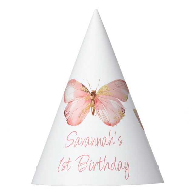 Girls Cute Blush Pink Butterfly 1st Birthday Party Hat (Front)