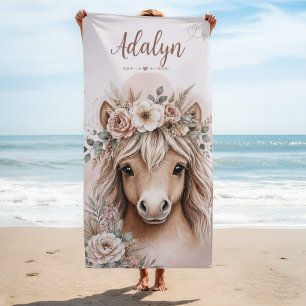 Girls Cute Boho Horse Personalised Name Beach Towel