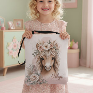 Girls Cute Boho Horse Personalised Name Tote Bag