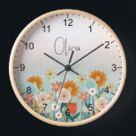 Girls Cute Boho Pink Floral Botanical Kids Clock<br><div class="desc">This cute and elegant clock design features a boho pink botanical wildflower illustration,  and can be personalised with your girls name. The perfect floral nature addition to your couple's girls room,  or baby nursery.</div>
