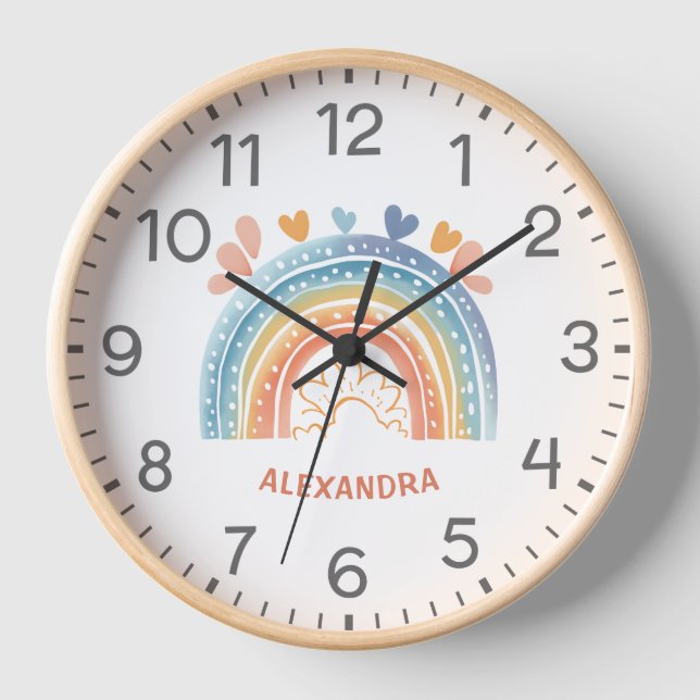 Girls Cute Boho Pink Rainbow Kids Nursery Clock (Front)