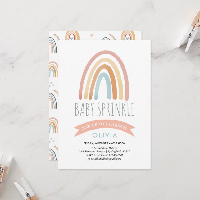 Girls Cute Boho Rainbow Baby Sprinkle Invitation (Front/Back In Situ)