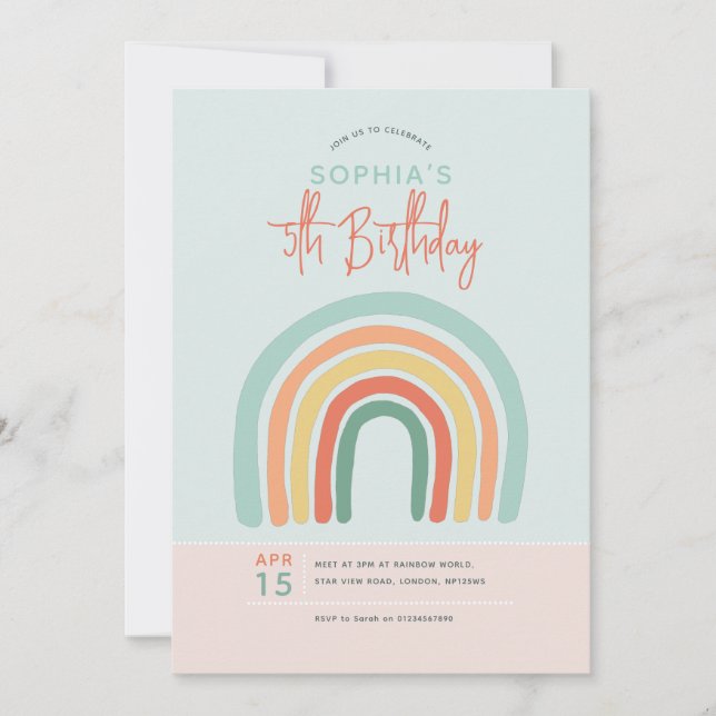 Girls Cute Boho Rainbow Kids 5th Birthday Invitation (Front)