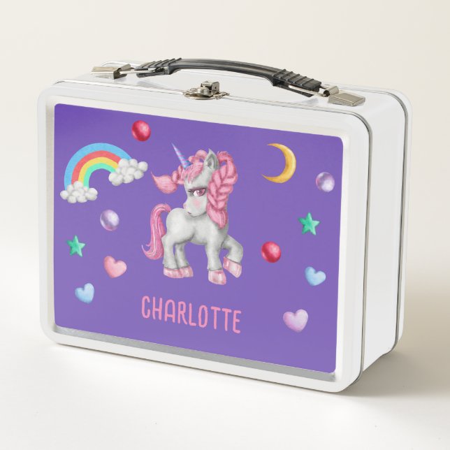 Girls Cute Boho Unicorn & Rainbow Kids School Metal Lunch Box (Front)
