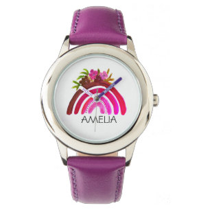 Girls Cute Boho Watercolor Rainbow and Name Watch