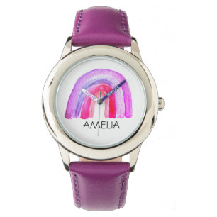 Girls Cute Boho Watercolor Rainbow and Name Watch