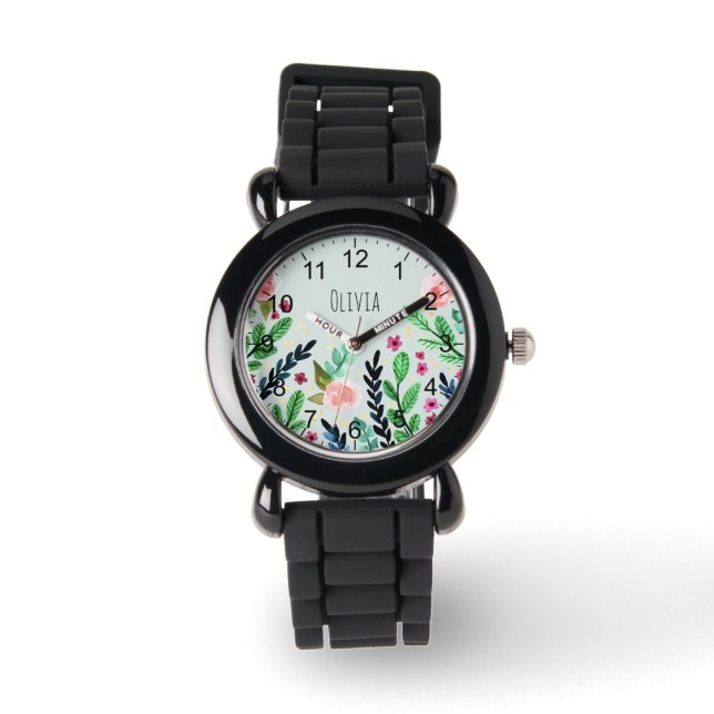 Girls Cute Botanical Watercolor Flowers Kids Watch (Front)