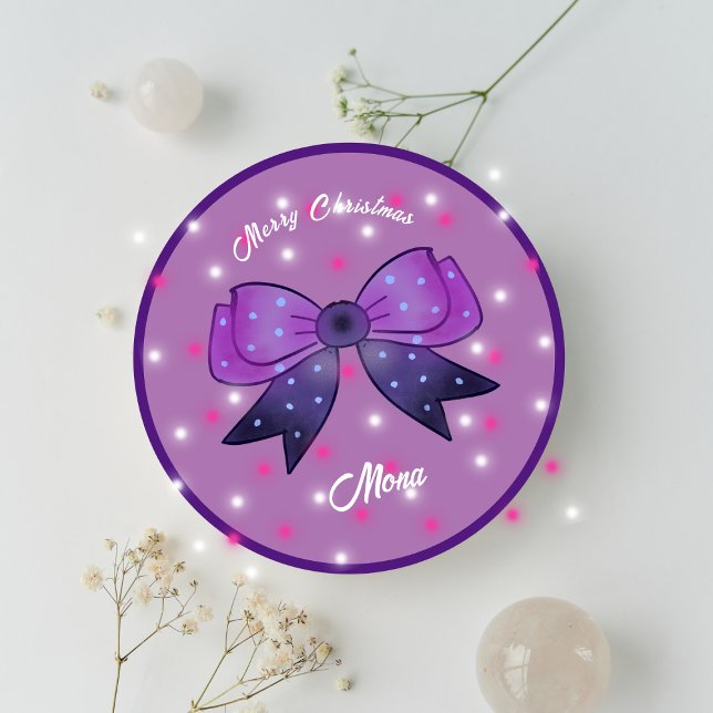 Girls Cute Bow Merry Christmas custom name Classic Round Sticker (Creator Uploaded)