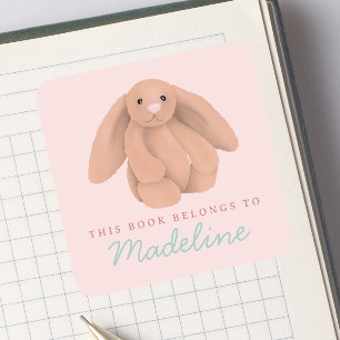 Girls Cute Bunny “This Book Belongs” Bookplate Square Sticker